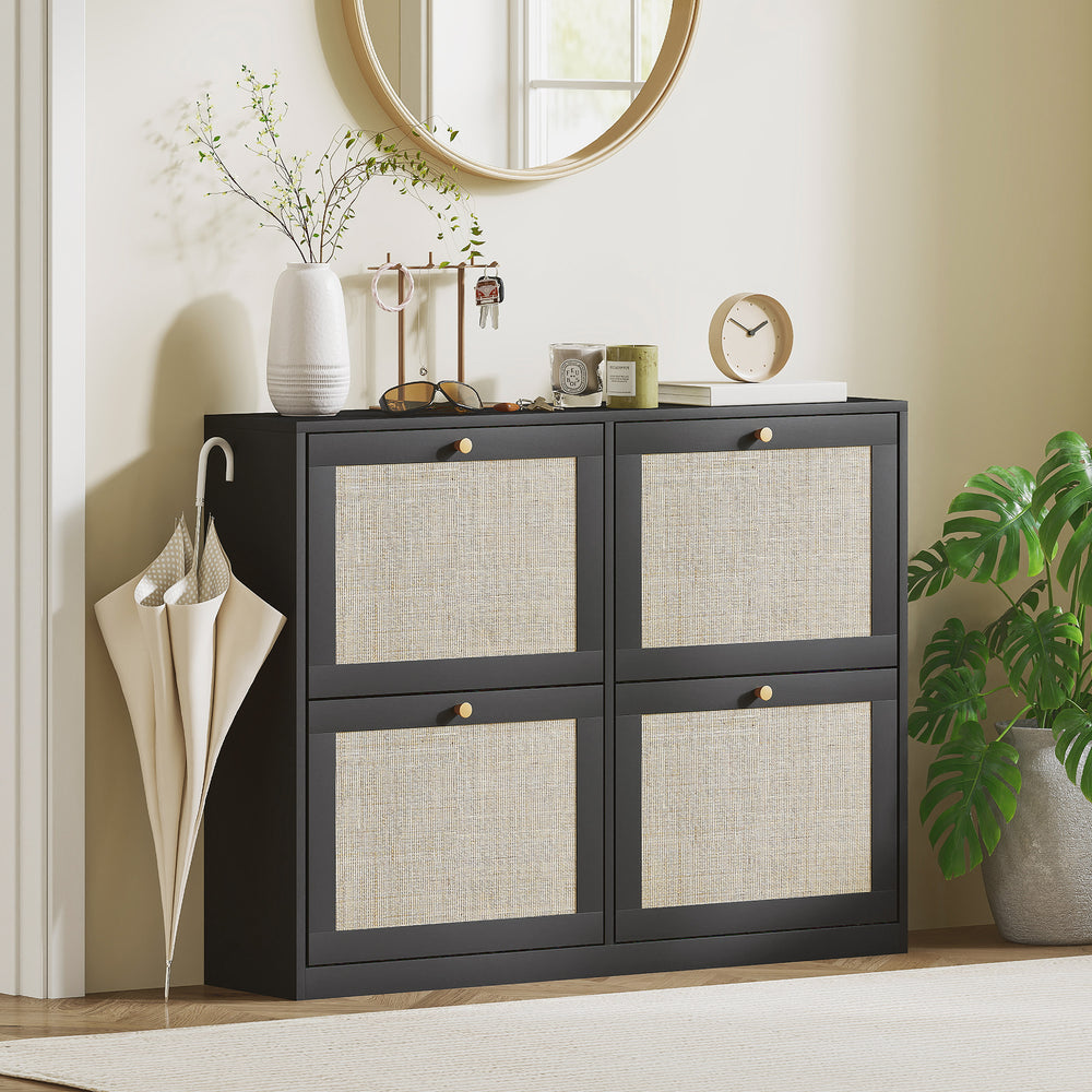 Meuble à chaussures en rotin noir avec 4 tiroirs rabattables et étagères réglables pour 20 paires

