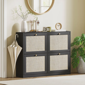 Meuble à chaussures en rotin noir avec 4 tiroirs rabattables et étagères réglables pour 20 paires

