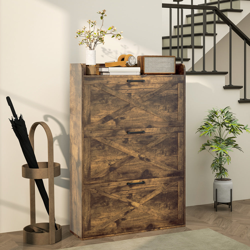 Meuble de rangement à chaussures style ferme marron rustique avec 3 tiroirs rabattables et étagères réglables