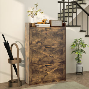 Meuble de rangement à chaussures style ferme marron rustique avec 3 tiroirs rabattables et étagères réglables