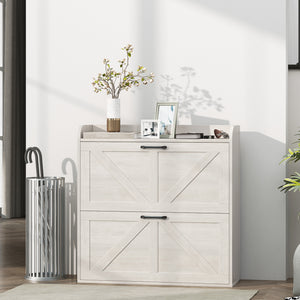 Meuble à chaussures de style ferme en chêne blanc avec 2 tiroirs rabattables et étagères réglables – rangement pratique et décoratif pour entrée