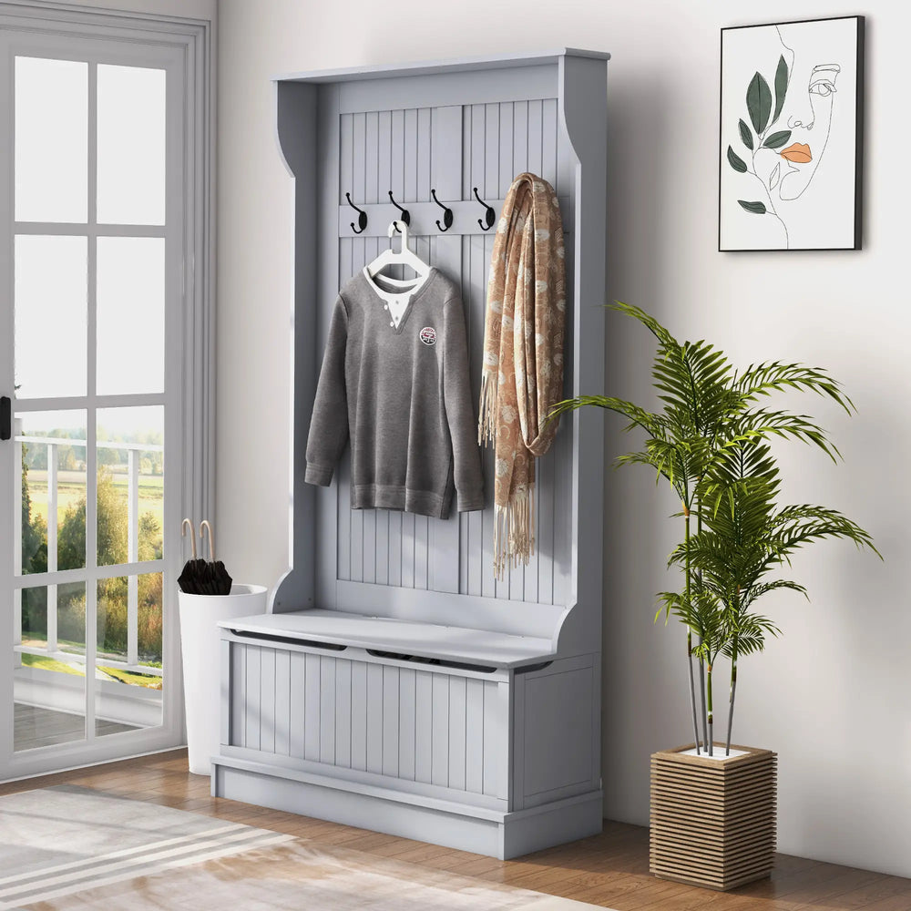 Meuble d’entrée moderne 3 en 1 gris avec porte-manteau à 5 crochets, banc intégré et rangement à chaussures – solution pratique pour couloir ou salon