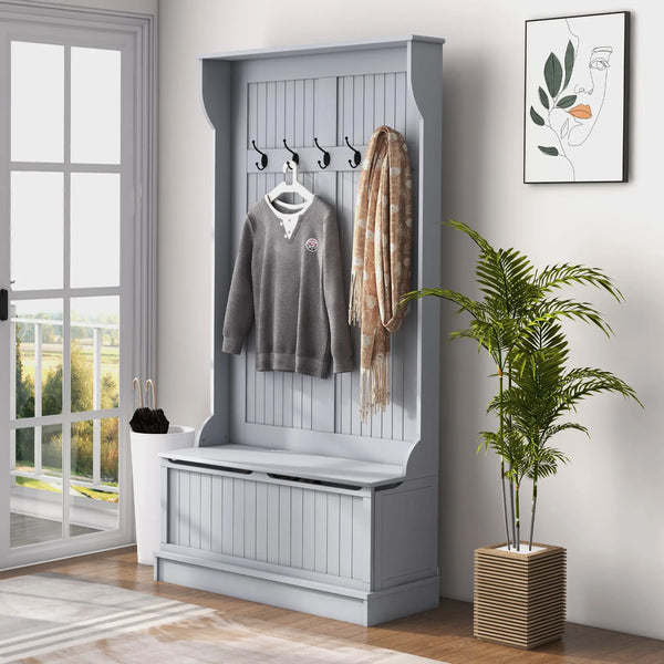 Meuble d’entrée moderne 3 en 1 gris avec porte-manteau à 5 crochets, banc intégré et rangement à chaussures – solution pratique pour couloir ou salon