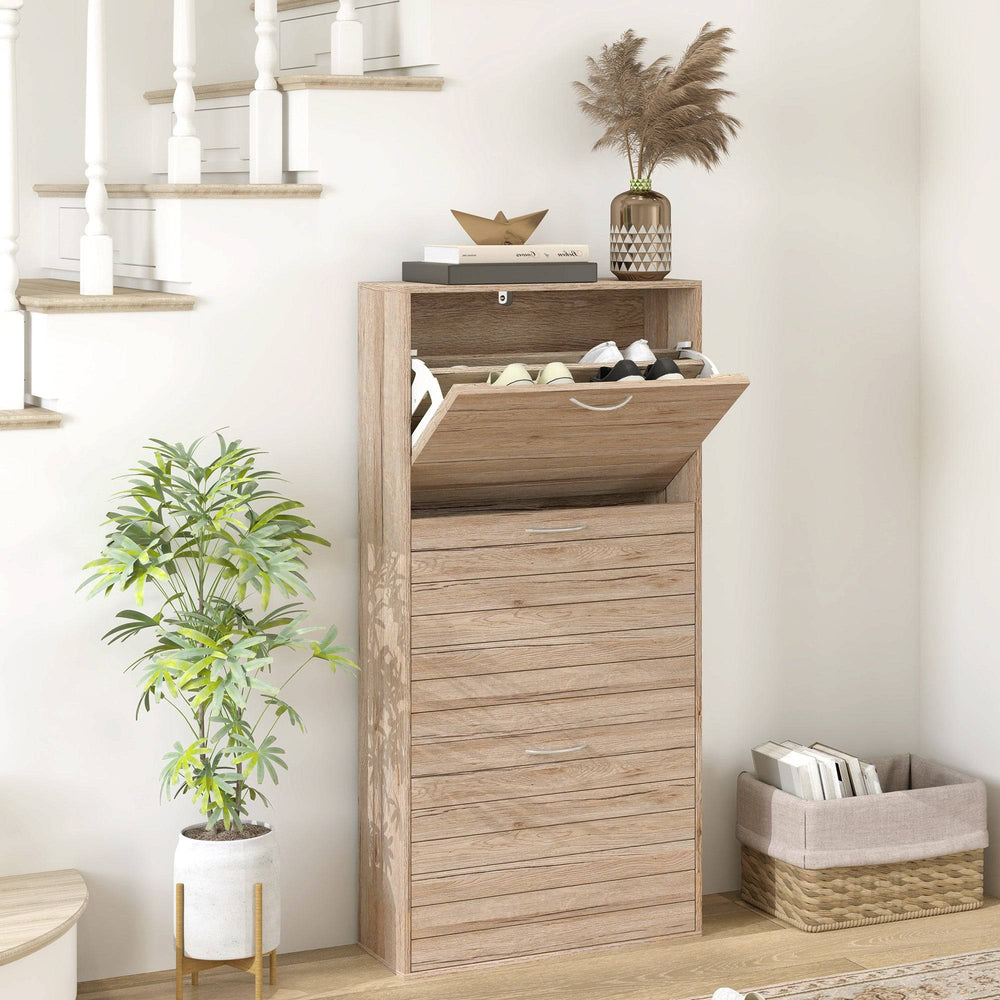 Meuble de rangement à chaussures en chêne avec 3 tiroirs rabattables pour jusqu’à 12 paires de chaussures