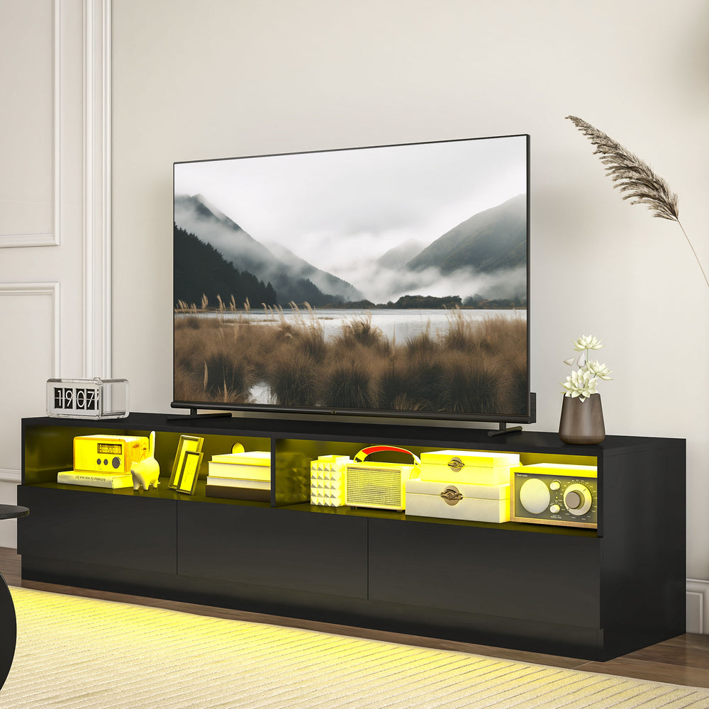 Meuble TV noir brillant avec éclairage LED, tiroirs de rangement, pour téléviseurs jusqu'à 75 pouces, idéal pour salon moderne