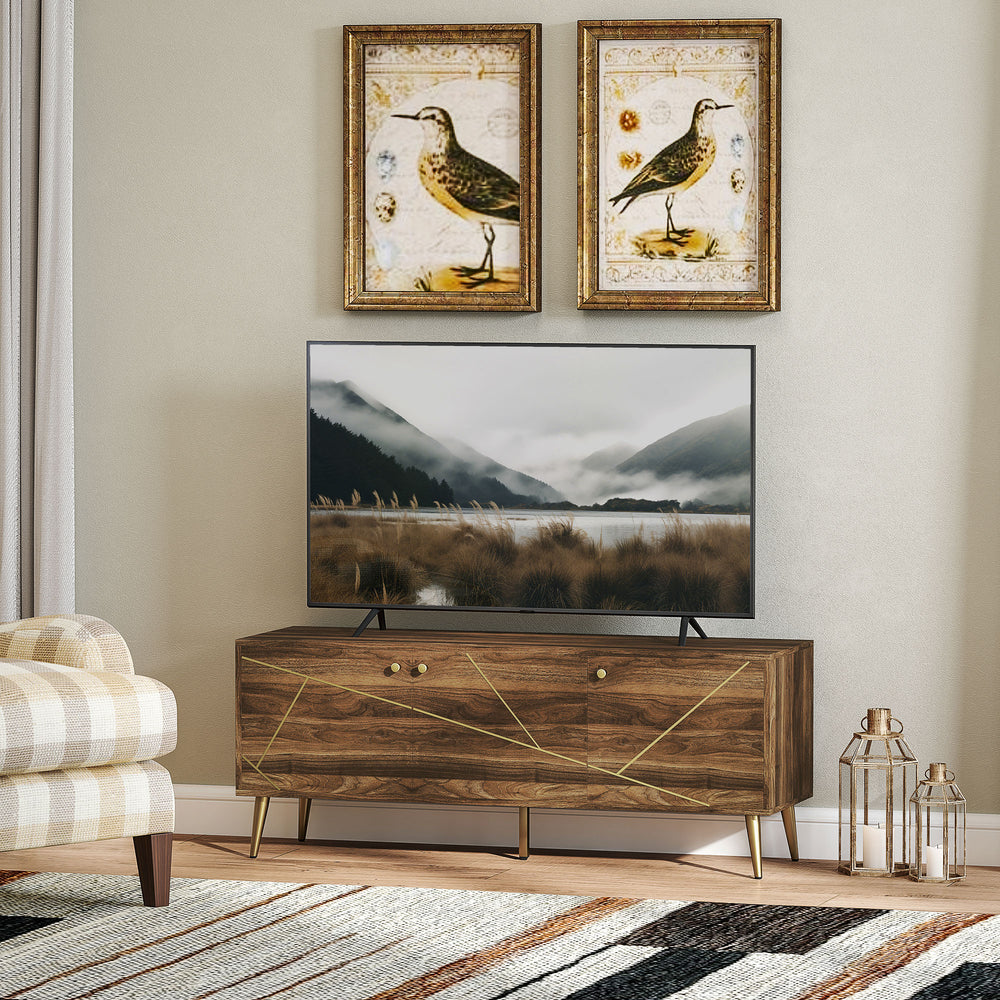 Meuble TV moderne marron rustique pour téléviseur jusqu'à 60 pouces avec étagères réglables, style contemporain