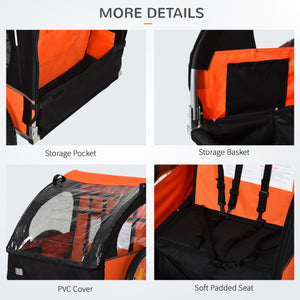 2-seater bicycle trailer with sturdy steel frame, 5-point safety harness, orange