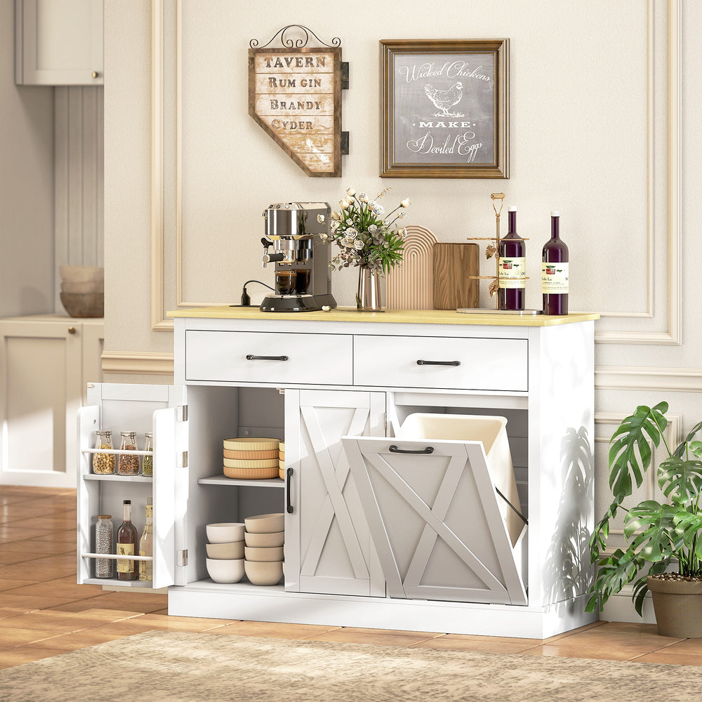 7-gallon (26.5-liter) tilt-out trash can cabinet with charging station, 2 drawers, 4 door shelves, white