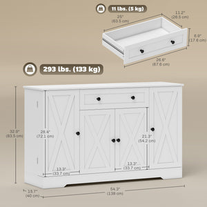 Country style sideboard with door, adjustable shelves, drawer, white
