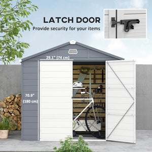 Plastic garden shed with latch door, vents, sloping roof, dark grey