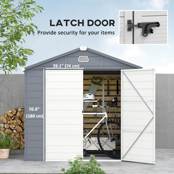 Plastic garden shed with latch door, vents, sloping roof, dark grey