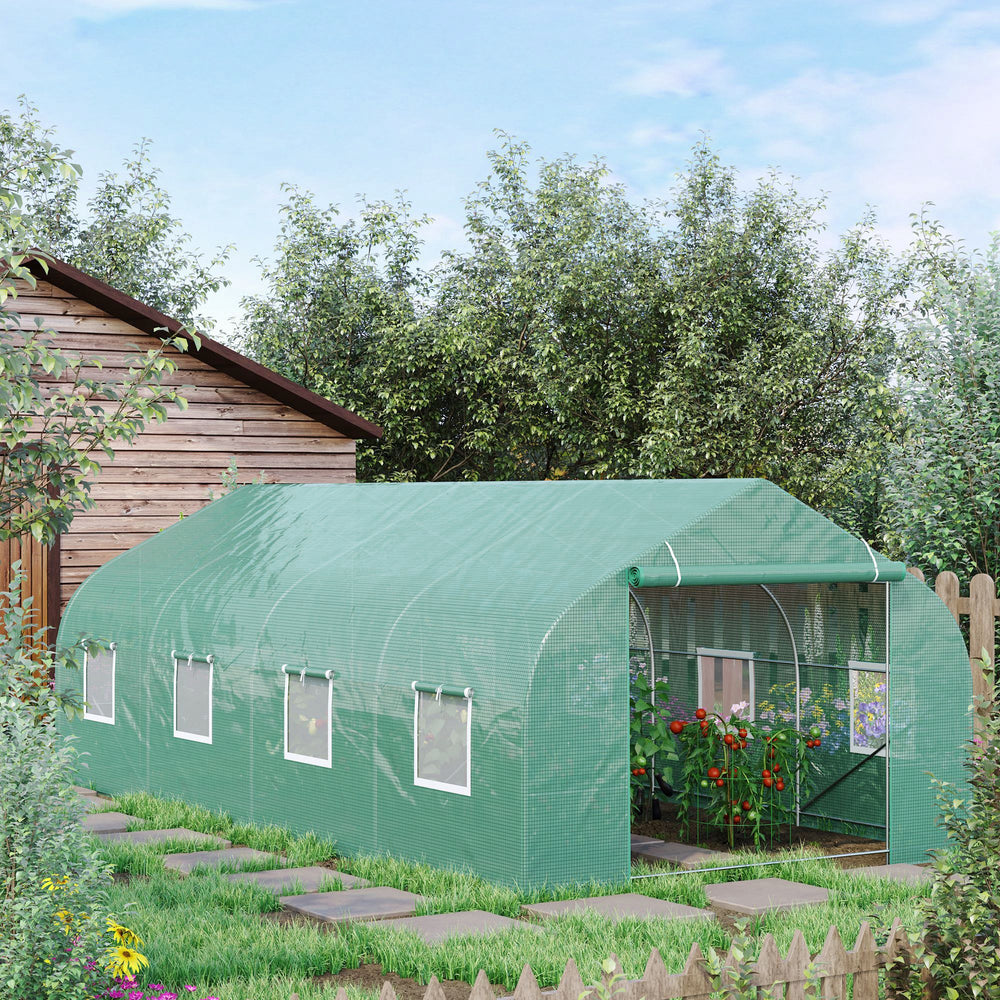 Outdoor greenhouse with 2 anchor points and stable structure, green