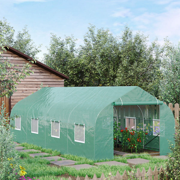 Outdoor greenhouse with 2 anchor points and stable structure, green