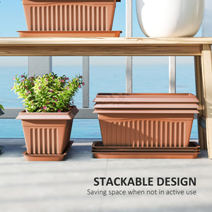 Set of 7 plastic flower pots with drainage holes and saucers, brown
