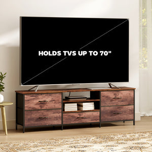 Industrial-style TV stand for TVs up to 70 inches, with charging station, 5 drawers and open shelves, rustic brown 