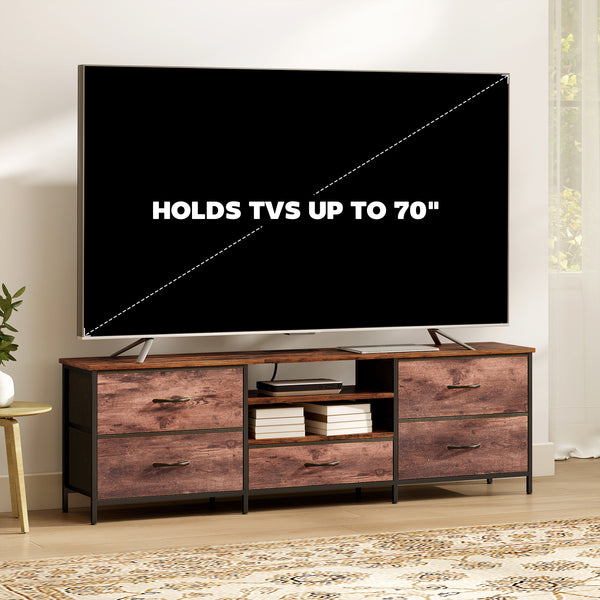 Industrial-style TV stand for TVs up to 70 inches, with charging station, 5 drawers and open shelves, rustic brown 