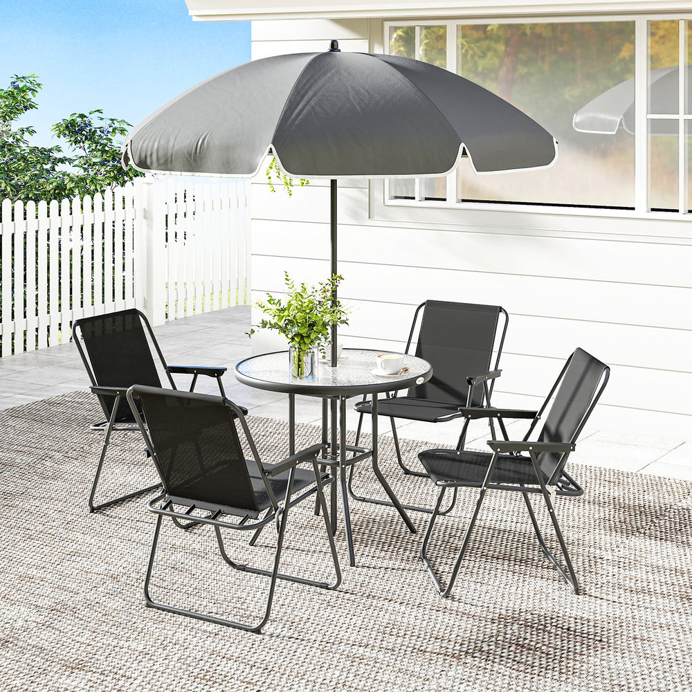6-Piece Patio Dining Set with Umbrella, Folding Chairs, and Glass Table, Black.