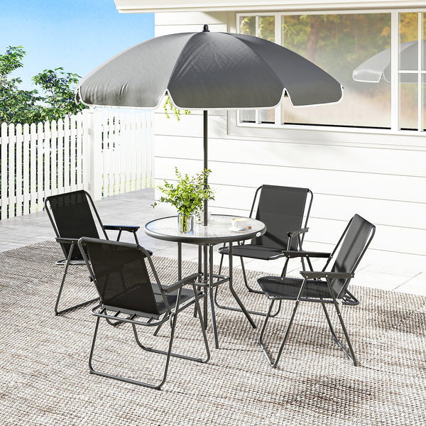 6-Piece Patio Dining Set with Umbrella, Folding Chairs, and Glass Table, Black.