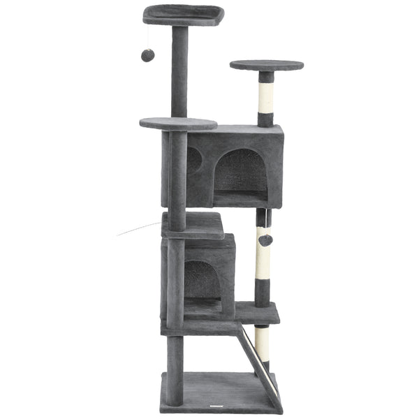 63" Cat Tree, Multi-Level Cat Tower with Scratching Posts, Cat Condos, Bed, Platforms, Ramp, Toy Ball, Dark Gray