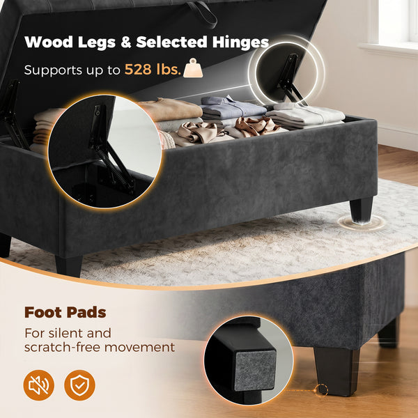 63" Upholstered Velvet Storage Bench, Dark Grey