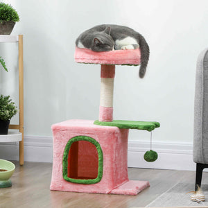 71cm Cat Tree with Soft Bed, Comfortable Cave, Scratching Post and Hanging Ball, Pink and Green