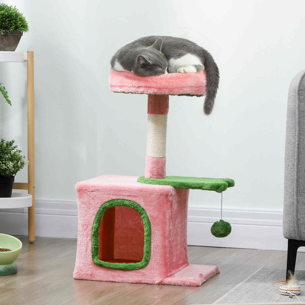 71cm Cat Tree with Soft Bed, Comfortable Cave, Scratching Post and Hanging Ball, Pink and Green