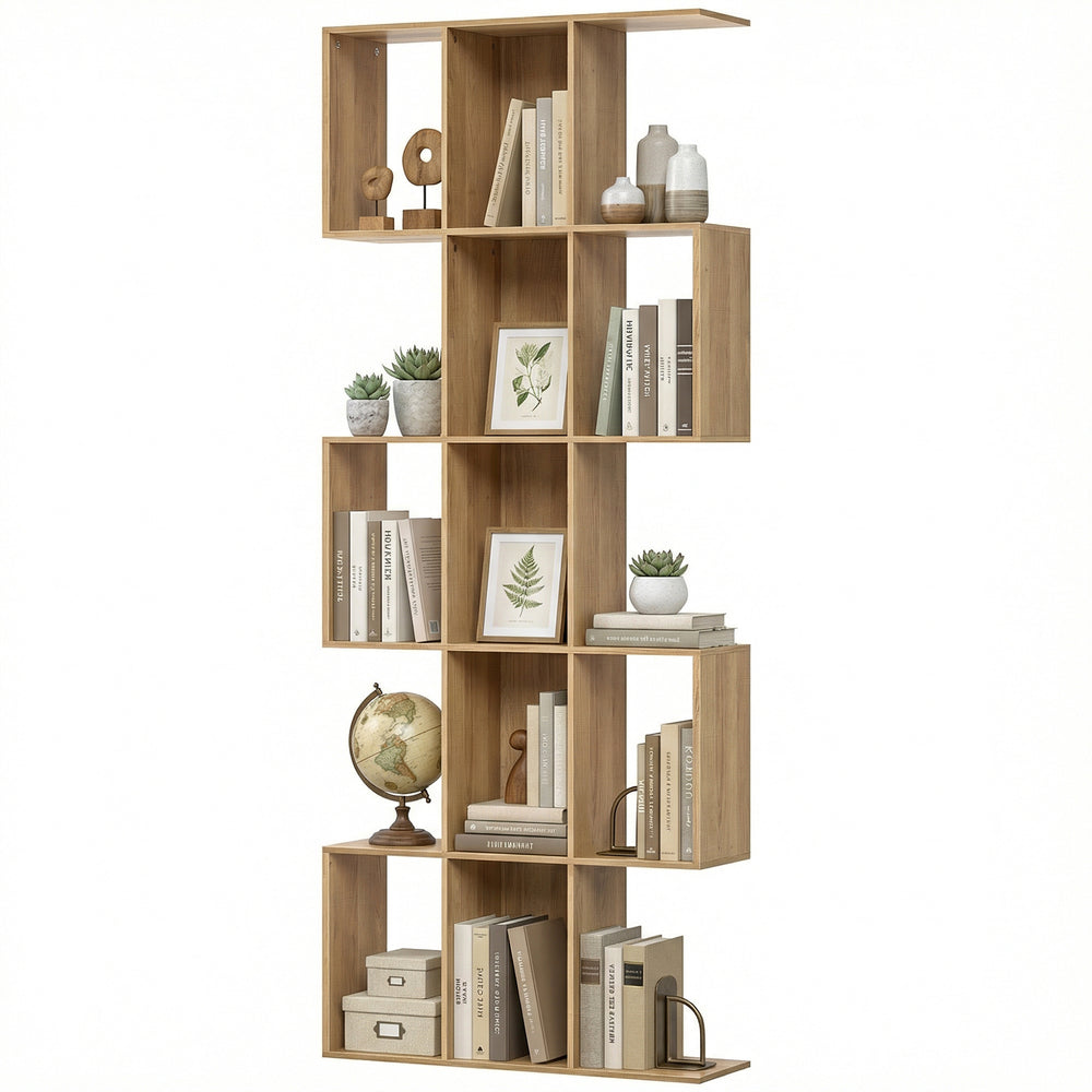 5-Tier S-Shaped Geometric Bookshelf with 15 Compartments, Oak Colour