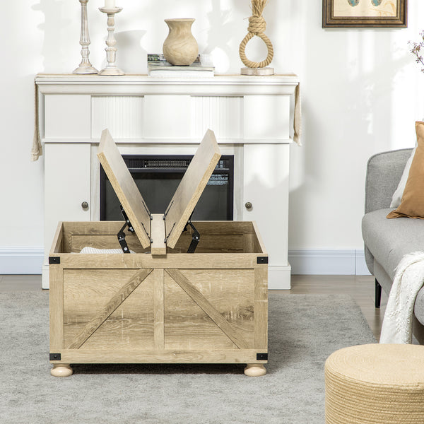 Farmhouse style square coffee table with hinged lids, oak