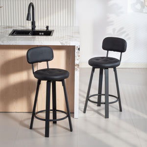 Set of 2 upholstered bar stools with footrest and backrest for kitchen counter, black