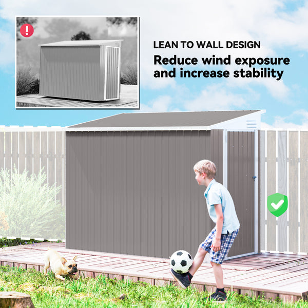 Lean-to metal garden shed with lockable door and ventilation, light grey