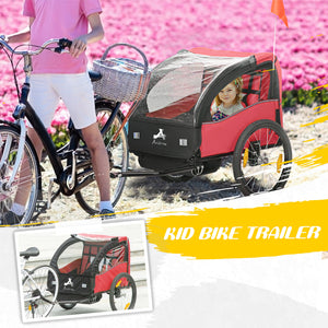 2-seater bicycle trailer with storage bag, 5-point harness, red 