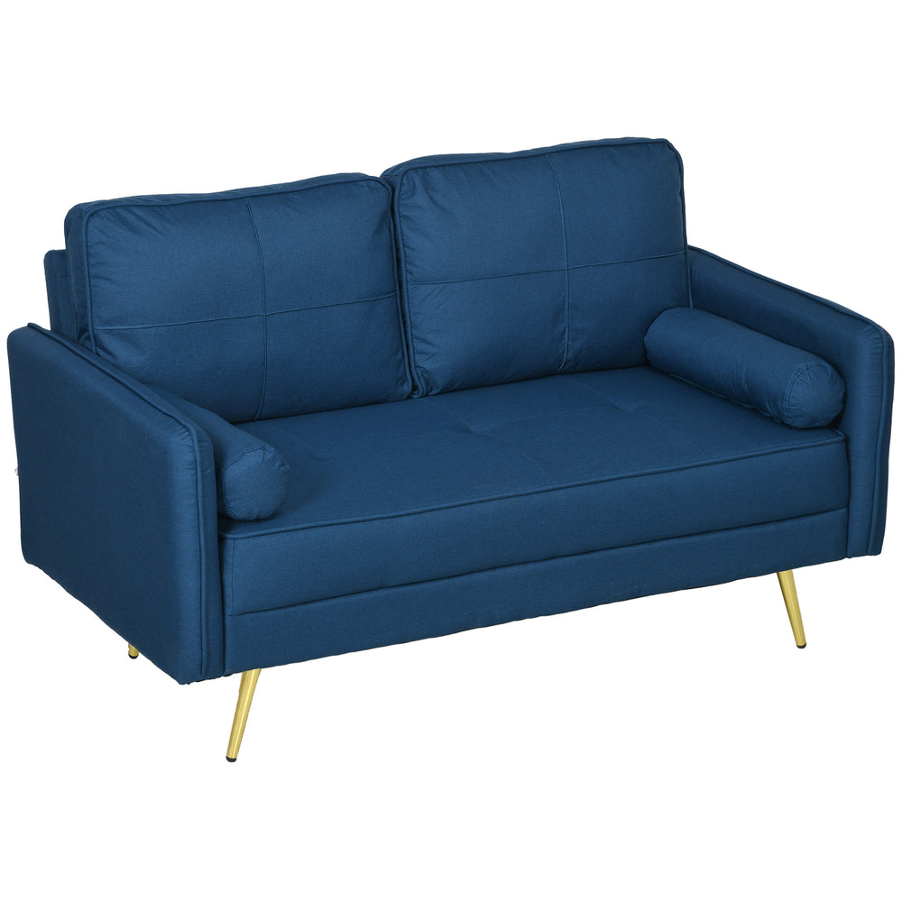 2 seater upholstered sofa with back cushions and pillows, blue