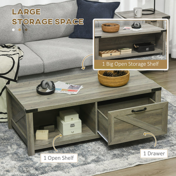 Rustic coffee table with drawer and storage shelf, gray