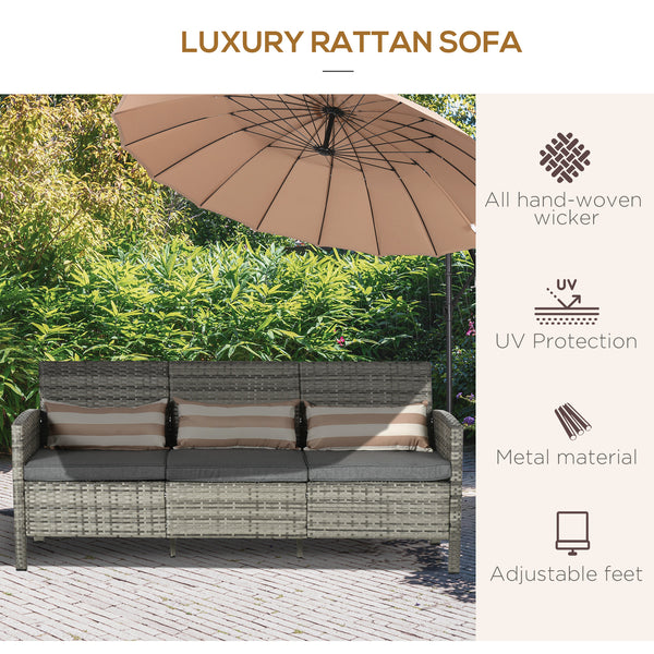 Three-seater sofa in woven resin with removable cushions, grey