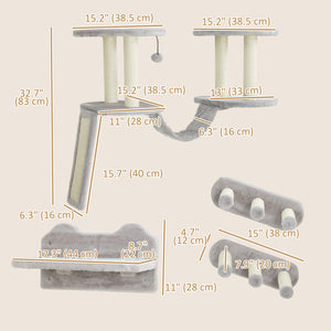 Wall-mounted cat shelves with scratching post, perches, steps and ladder, light grey