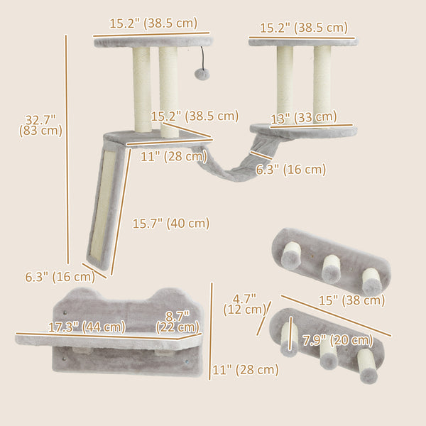 Wall-mounted cat shelves with scratching post, perches, steps and ladder, light grey