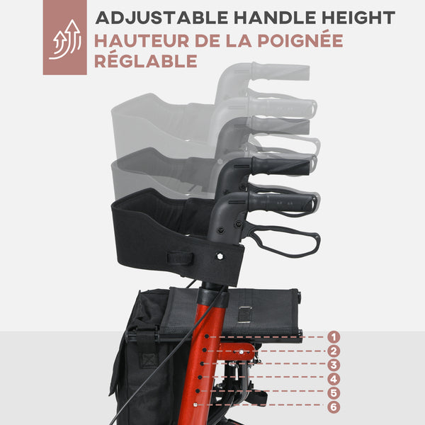 Senior walker with red seat and backrest