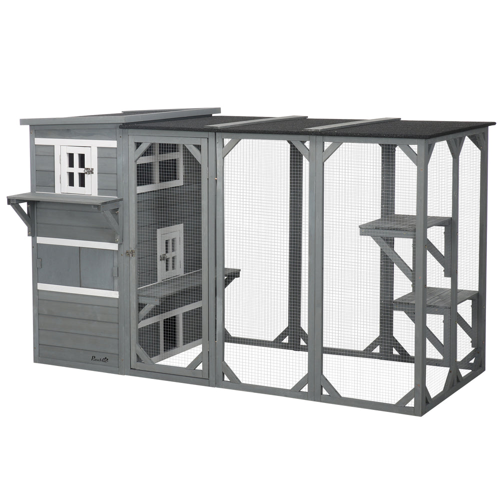 Wooden cat enclosure with asphalt roof and lockable doors, grey