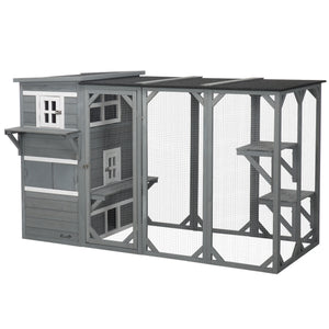 Wooden cat enclosure with asphalt roof and lockable doors, grey
