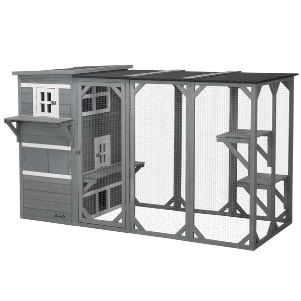 Wooden cat enclosure with asphalt roof and lockable doors, grey