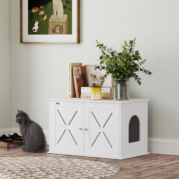Concealed litter box cabinet with double doors, white