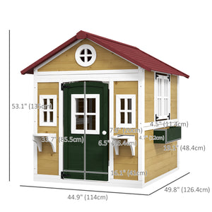Outdoor wooden playhouse with door, windows, flower pots and boxes
