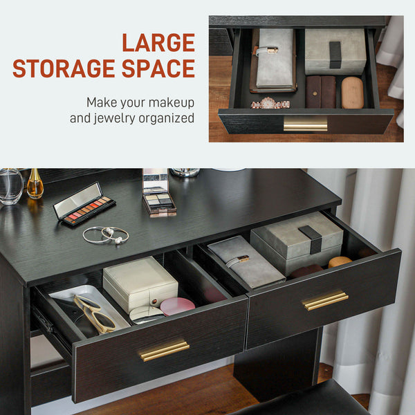 Dressing table with stool, LED illuminated mirror and drawers, black