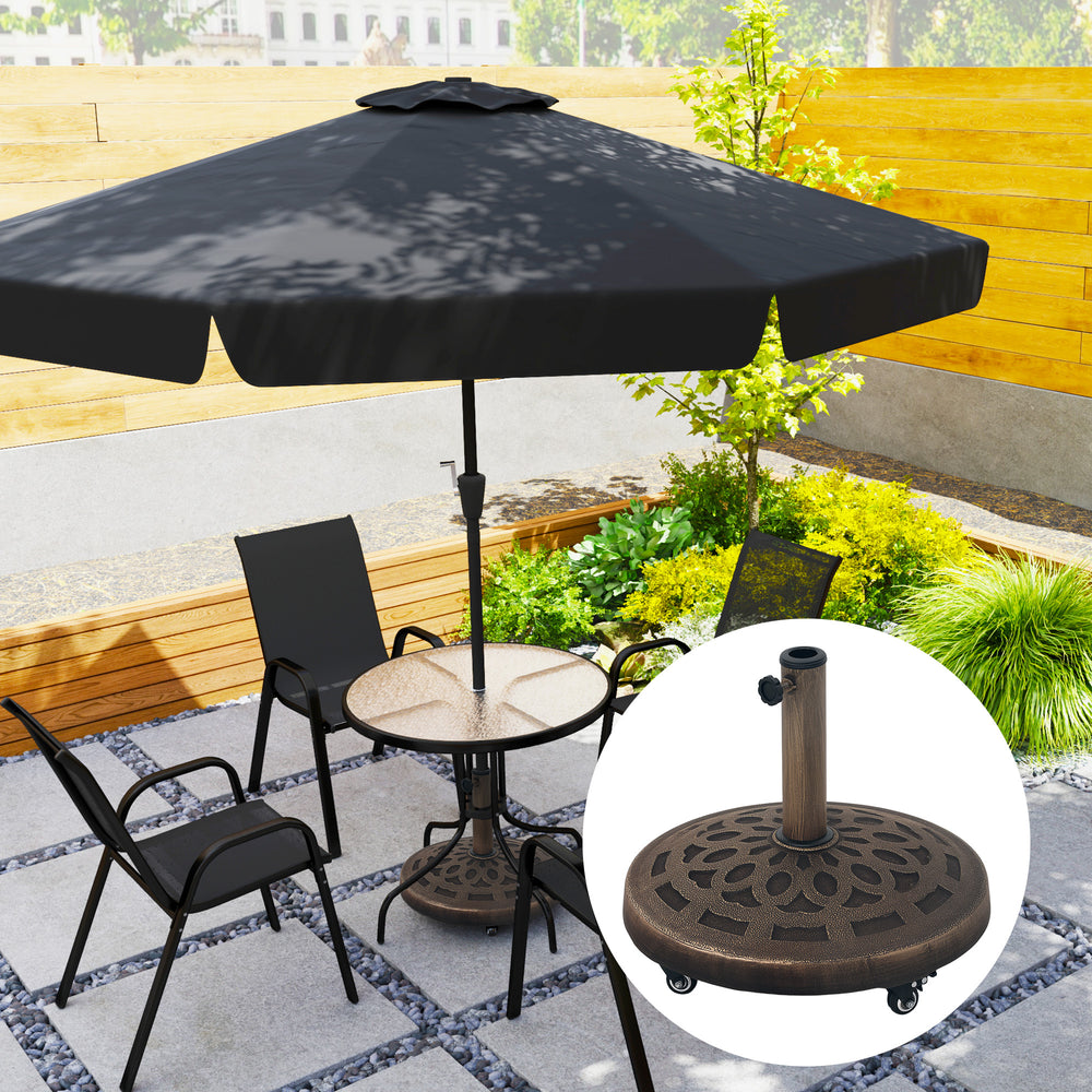 Round Parasol Base with 20kg Resin Casters, Heavy Duty for 3.3cm, 3.8cm and 4.8cm Poles, Bronze