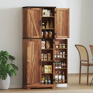 Tall brown wood-effect pantry cabinet with 10 shelves and 8 spice racks