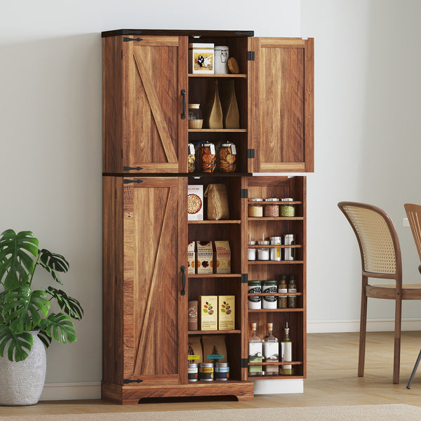 Tall brown wood-effect pantry cabinet with 10 shelves and 8 spice racks