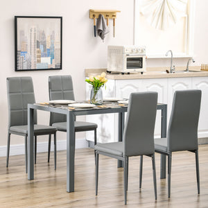Rectangular Glass Kitchen Table and Chair Set with Metal Frame and Faux Leather Upholstery for Dining Room, Grey