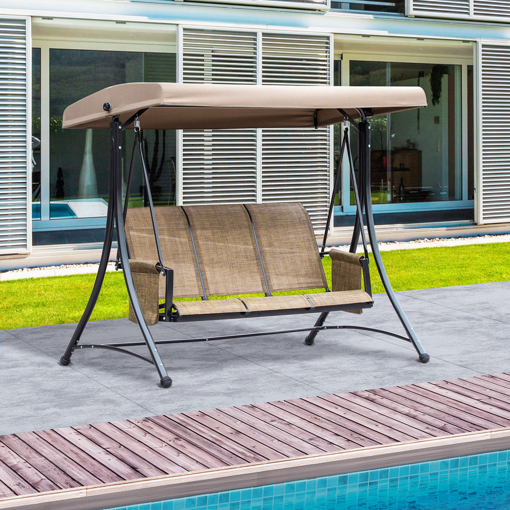 Swing chair for 3 people with high backrest and adjustable canopy, brown
