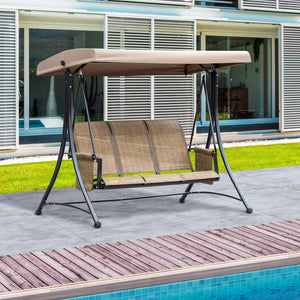 Swing chair for 3 people with high backrest and adjustable canopy, brown