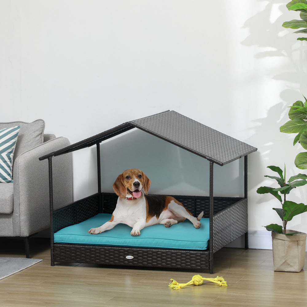 Wicker pet bed with soft cushion and washable cover, blue
